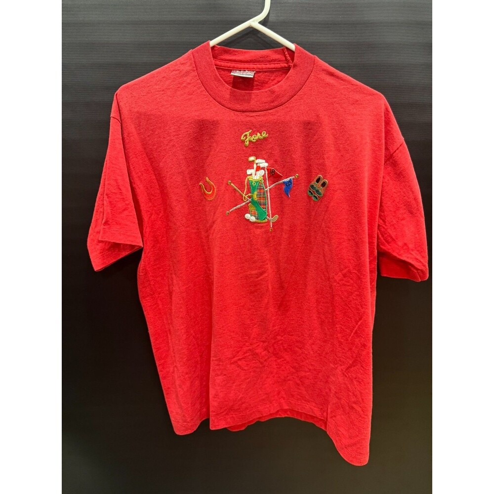 Vintage 1990s Fruit Of The Loom T Shirt Unisex Men L Red Golf Embroidered